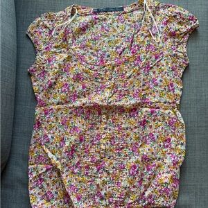 Zara Floral Button-Front Top — Pink, Yellow & Green